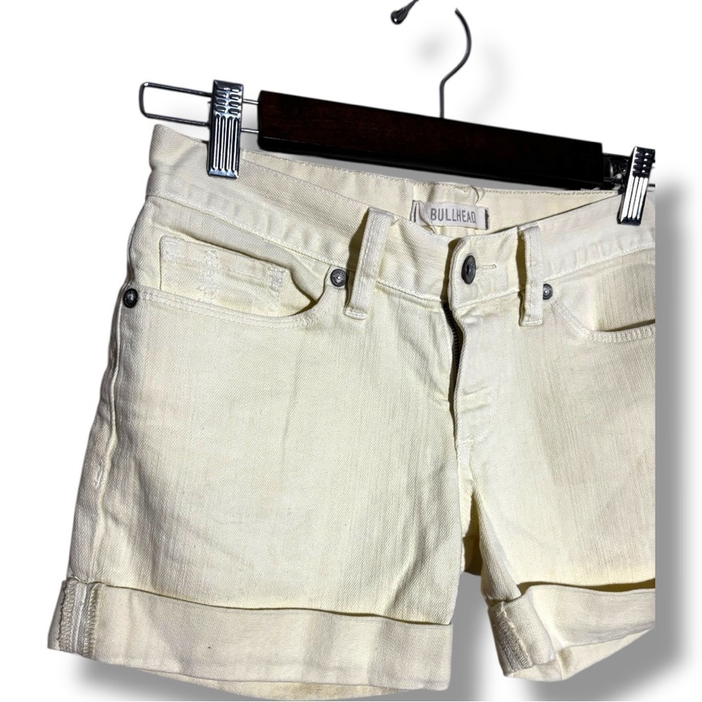 Bullhead Women's Pastel Yellow Denim Cotton Cuffed Micro Mini Shorts - Picture 5 of 12